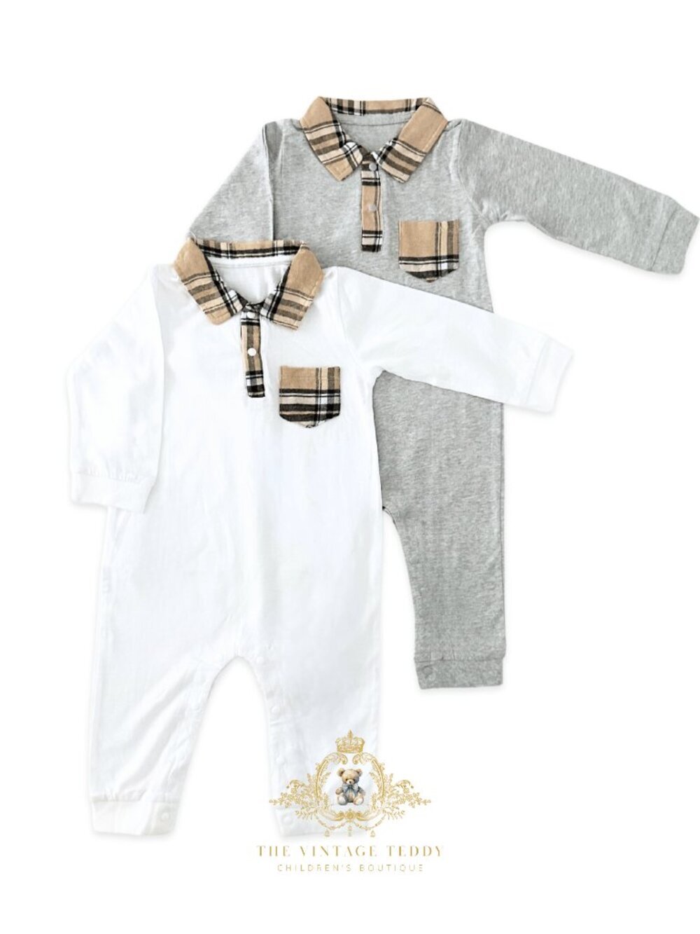 NWT Cute Boys One-piece Bodysuit Oxford Rompers Set of 2 Long Sleeve Plaid 9-12M
